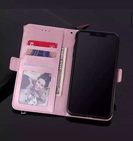 Луксозен кожен калъф тефтер с цип и визитник за Samsung Galaxy S23 Ultra 5G SM-S918B златисто розов 